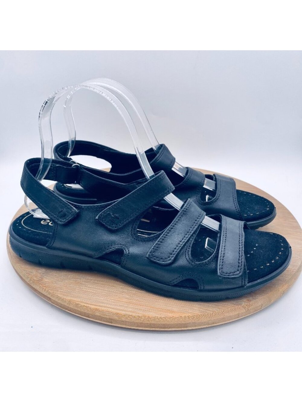 Ecco Sandals Womens 9 40 Black Leather Slingback Sporty Flats Peep